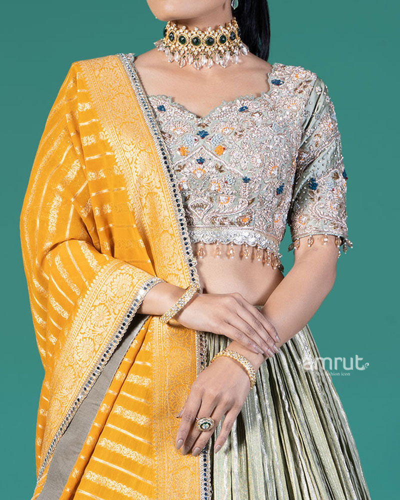 Pista Silver Pleated Lehenga and Embroidered Gray Choli with Mustard Dupatta 03