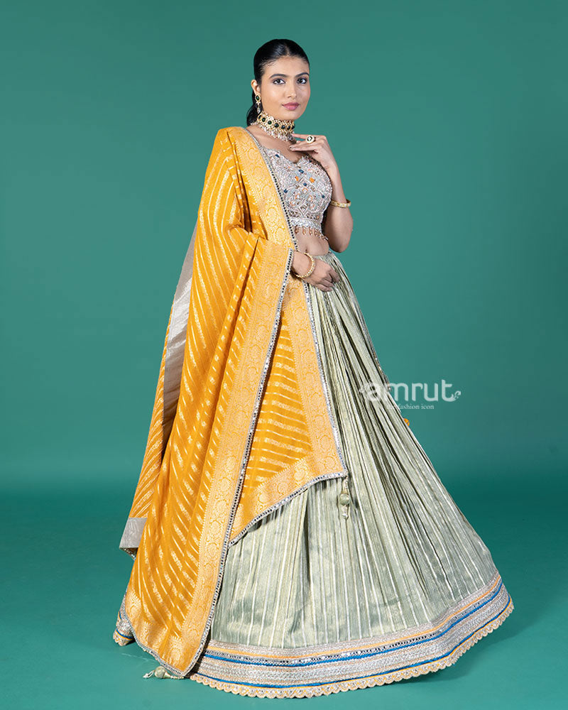 Pista Silver Pleated Lehenga and Embroidered Gray Choli with Mustard Dupatta 04