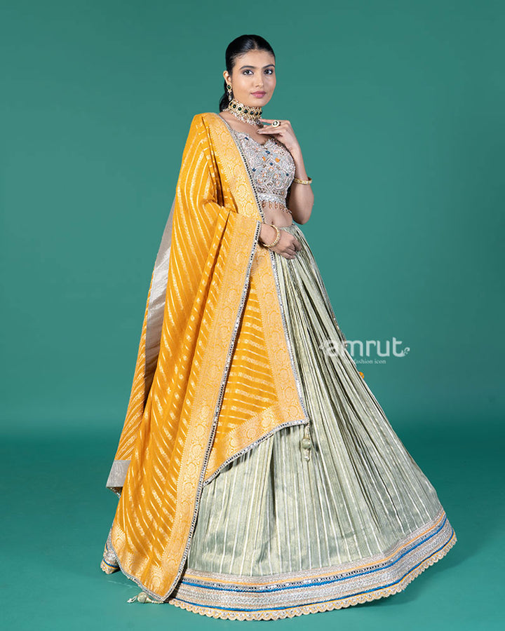 Pista Silver Pleated Lehenga and Embroidered Gray Choli with Mustard Dupatta 04