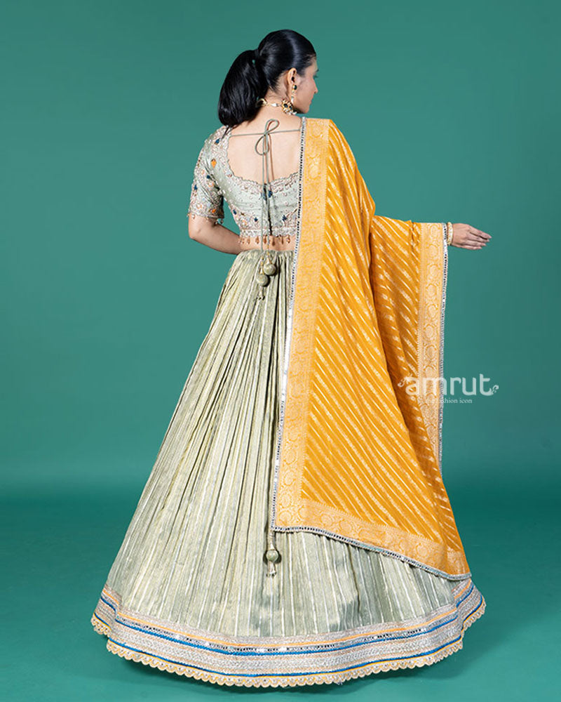 Pista Silver Pleated Lehenga and Embroidered Gray Choli with Mustard Dupatta 05