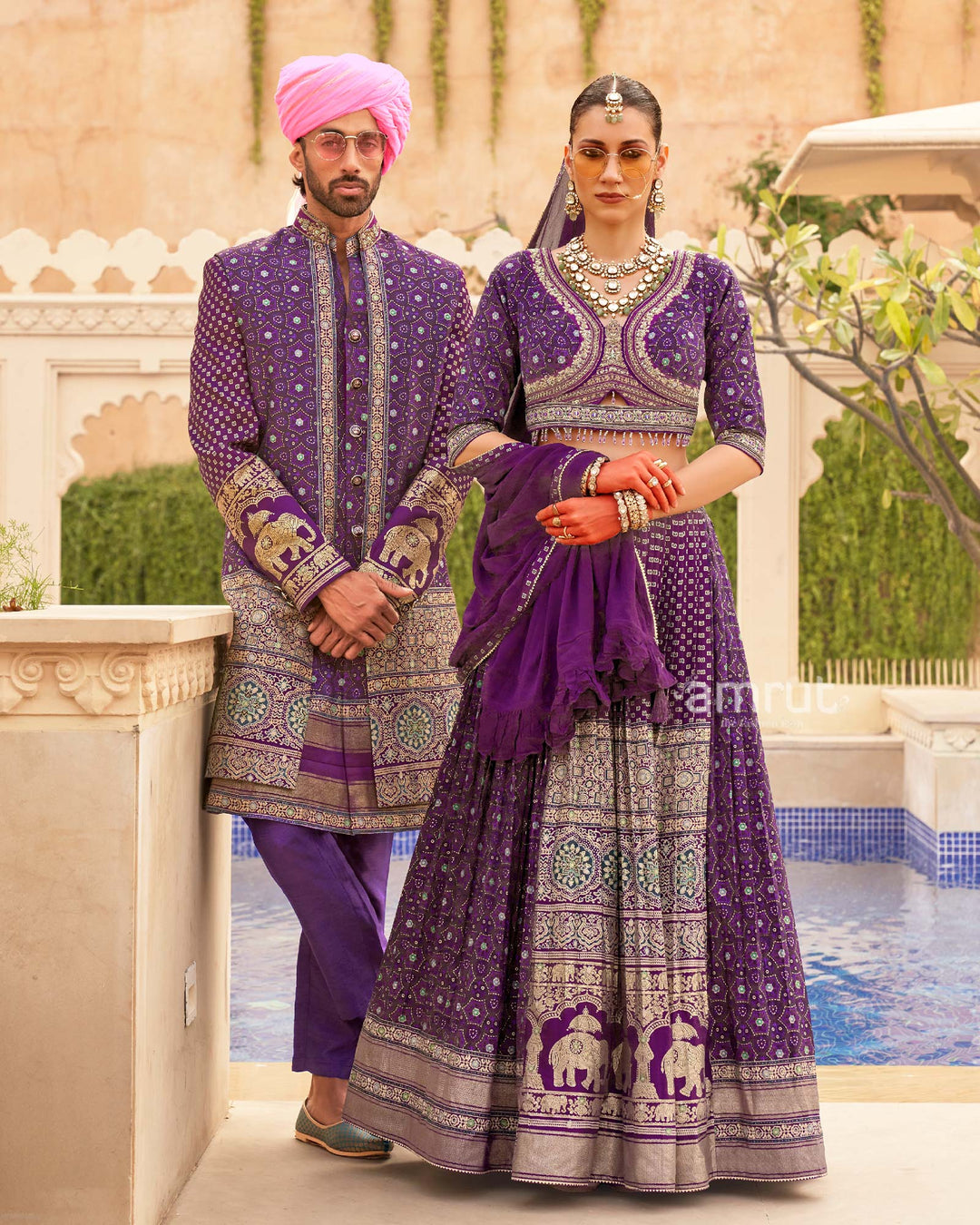 Purple Printed lehenga Set and Men Kurta Set with Coat