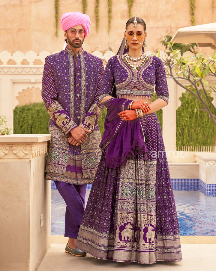 Purple Printed lehenga Set and Men Kurta Set with Coat