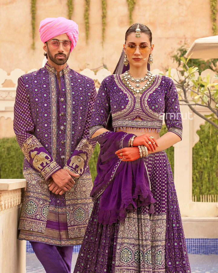 Purple Printed lehenga Set and Men Kurta Set with Coat