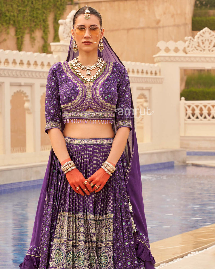 Purple Printed lehenga Set and Men Kurta Set with Coat