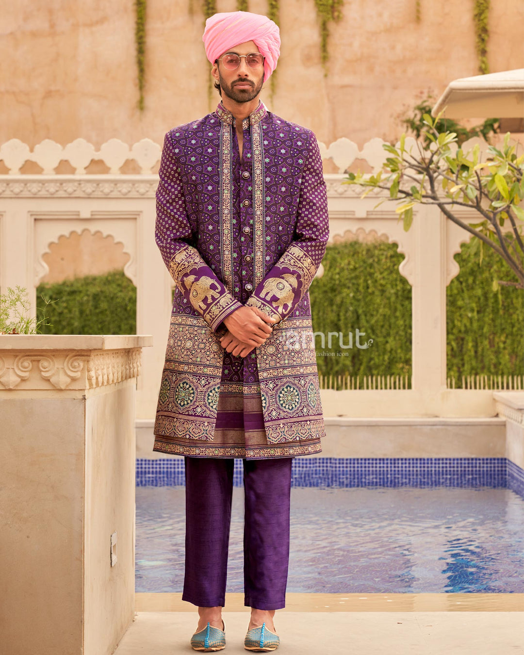 Purple Printed lehenga Set and Men Kurta Set with Coat