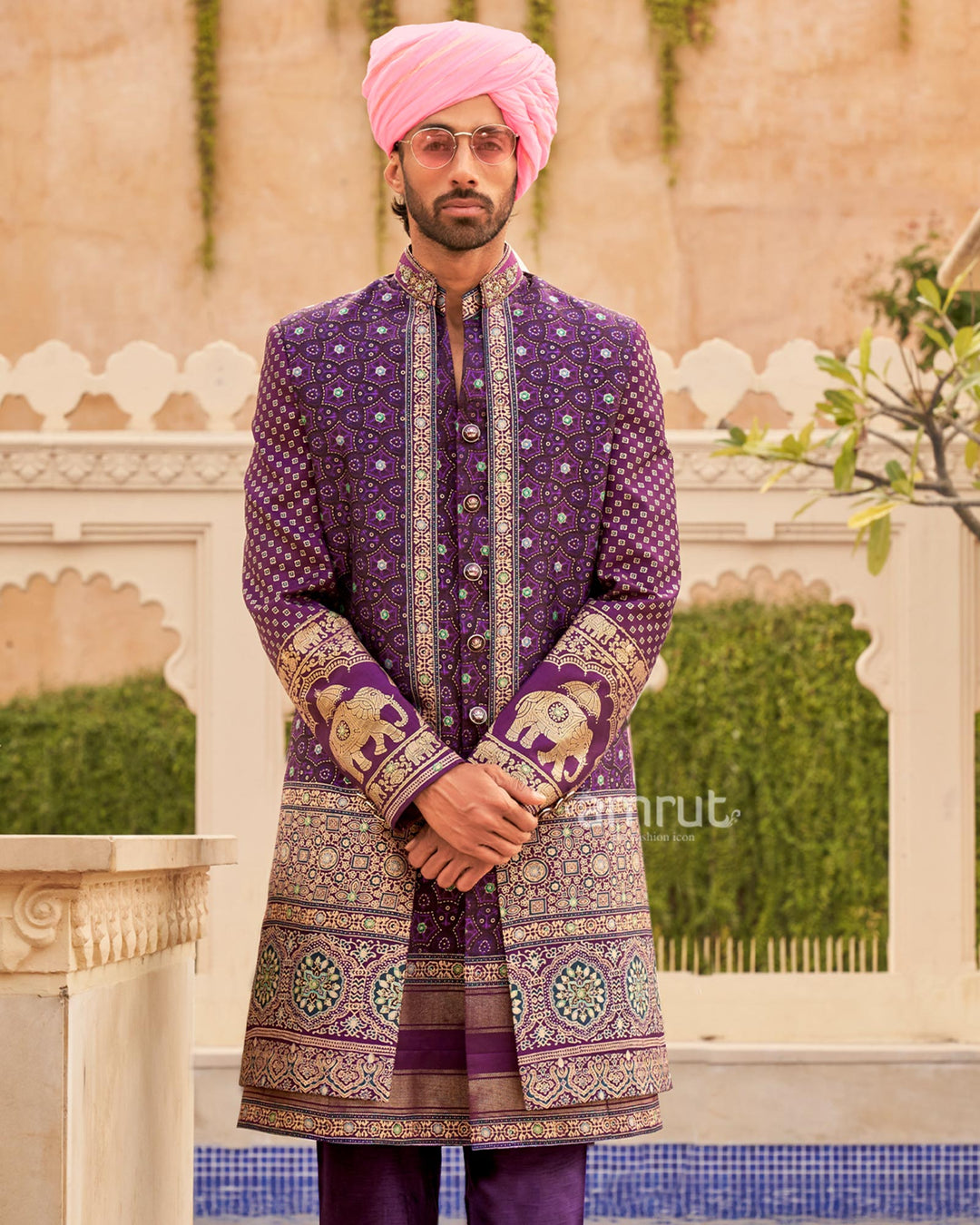 Purple Printed lehenga Set and Men Kurta Set with Coat
