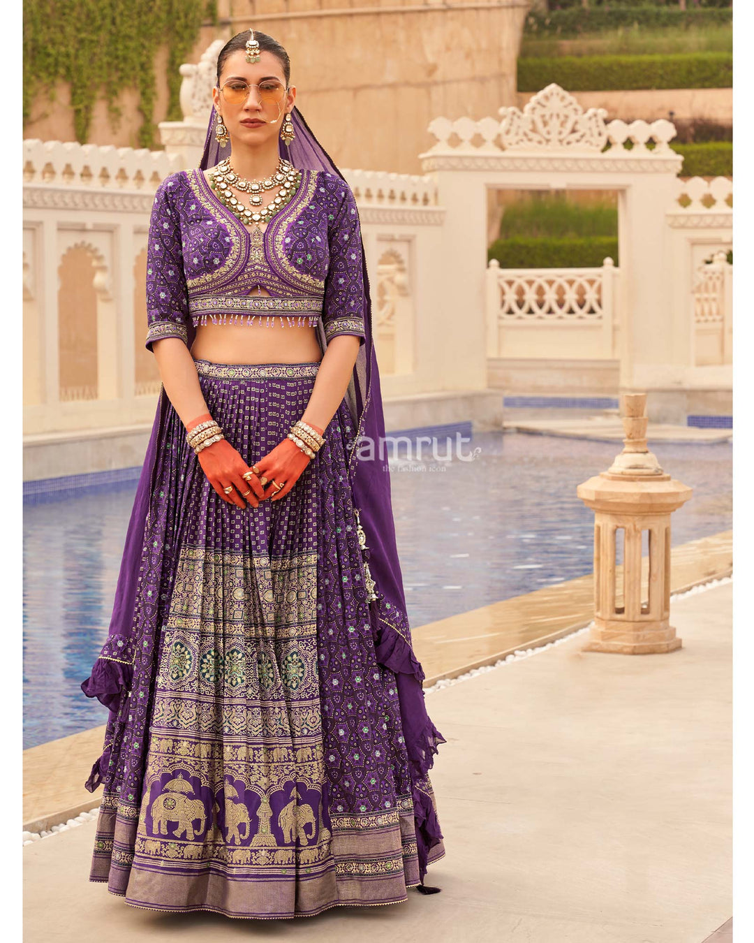 Purple Printed lehenga Set and Men Kurta Set with Coat