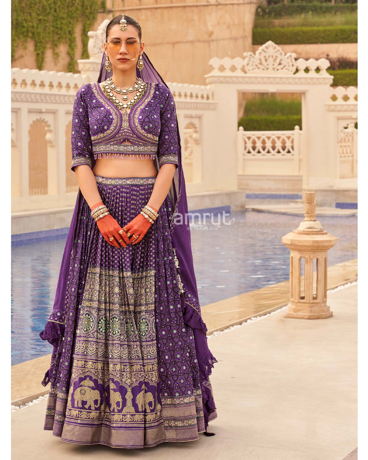 Purple Printed lehenga Set and Men Kurta Set with Coat