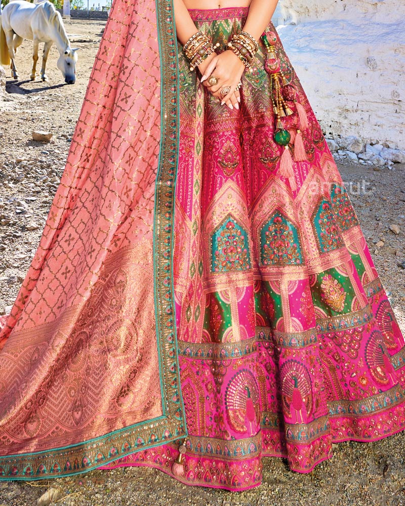 Rani Pink Floral And Peacock Mofis  Embroidered Silk Lehenga Choli