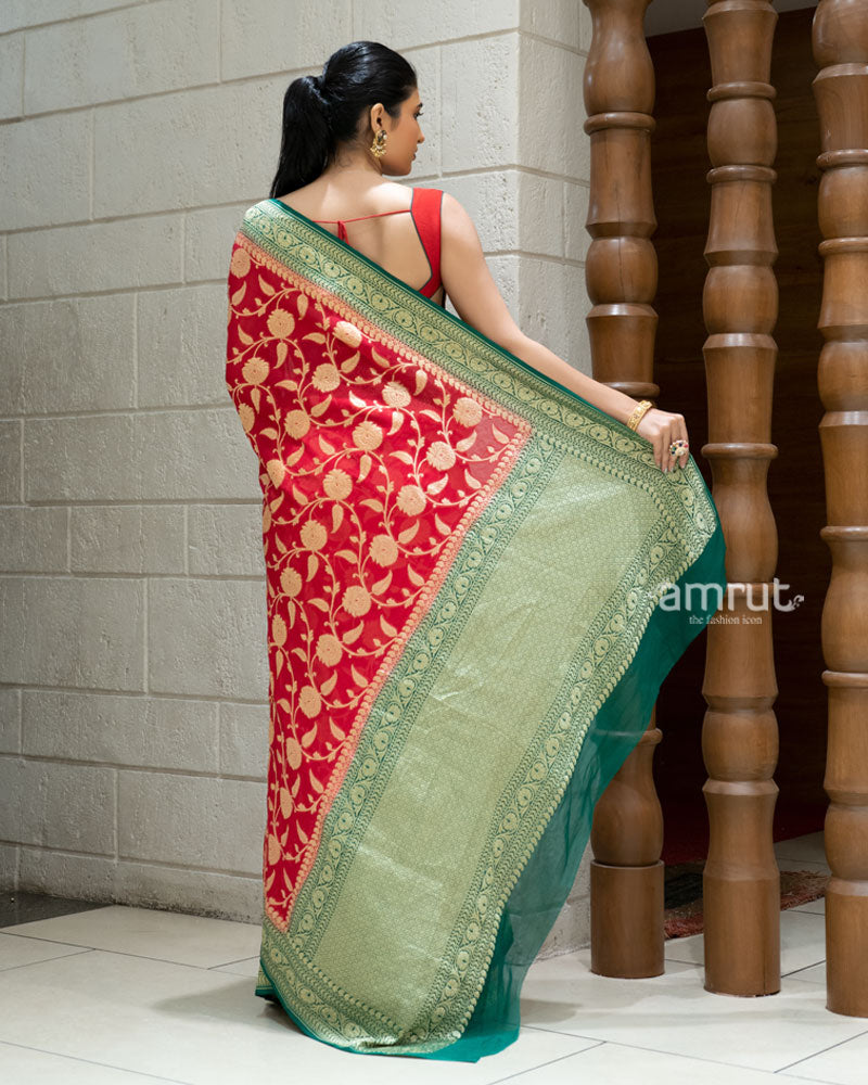 Red Banarasi Georgette Saree with Green Zari Border and Unstitched Blouse 04