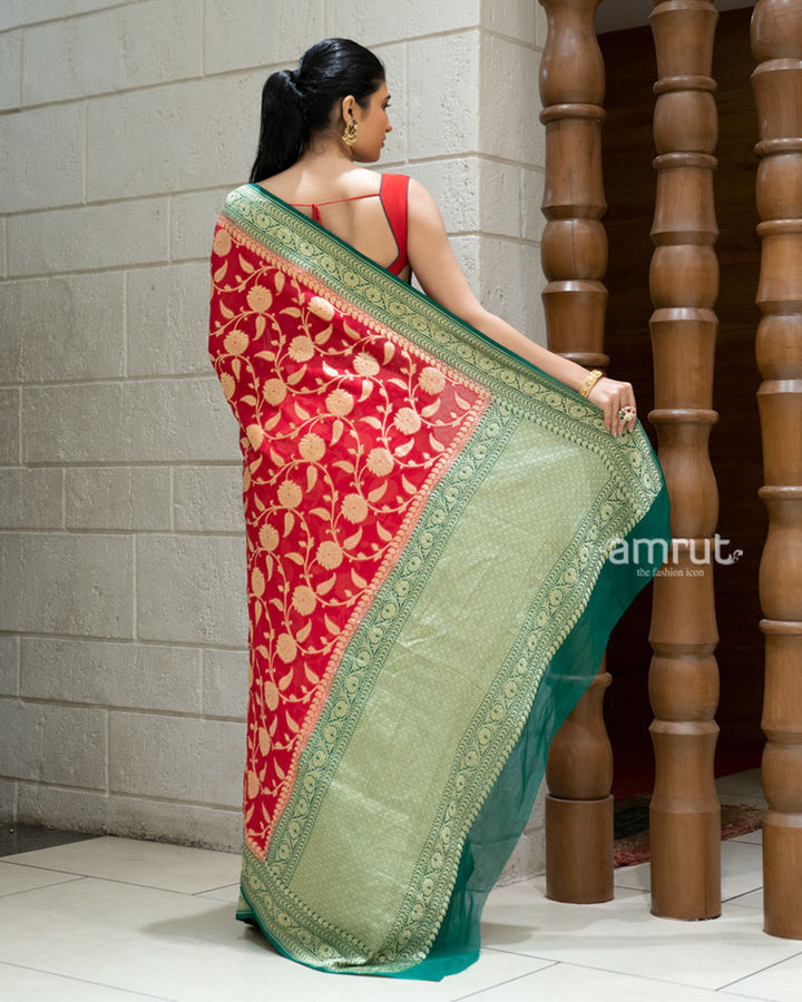 Red Banarasi Georgette Saree with Green Zari Border and Unstitched Blouse 04
