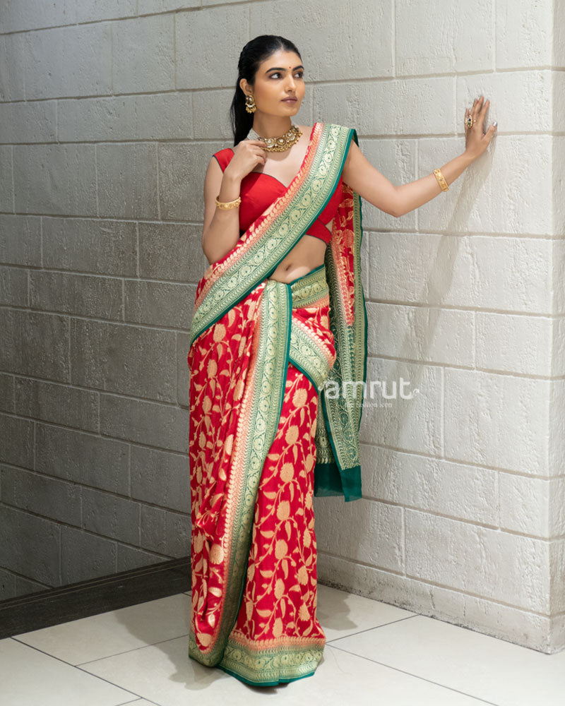 Red Banarasi Georgette Saree with Green Zari Border and Unstitched Blouse 05