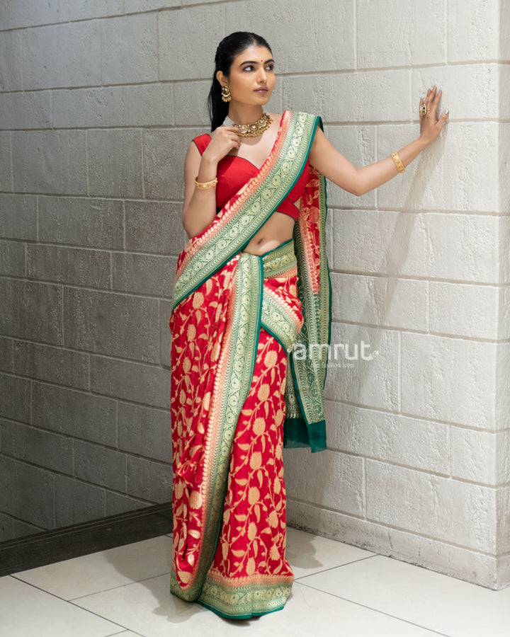 Red Banarasi Georgette Saree with Green Zari Border and Unstitched Blouse 05