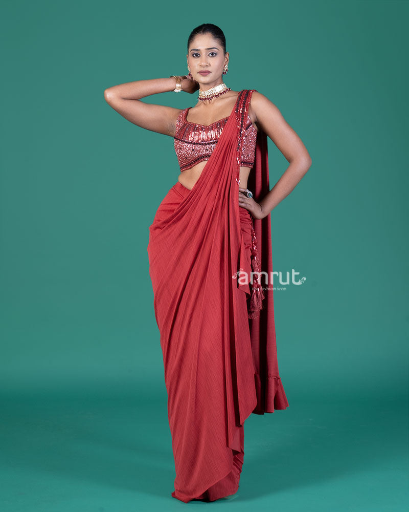 Red Draped Saree with Embellished Blouse 01