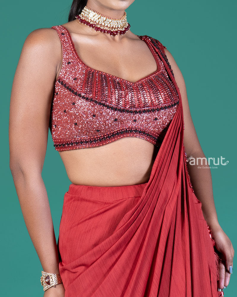 Red Draped Saree with Embellished Blouse 03