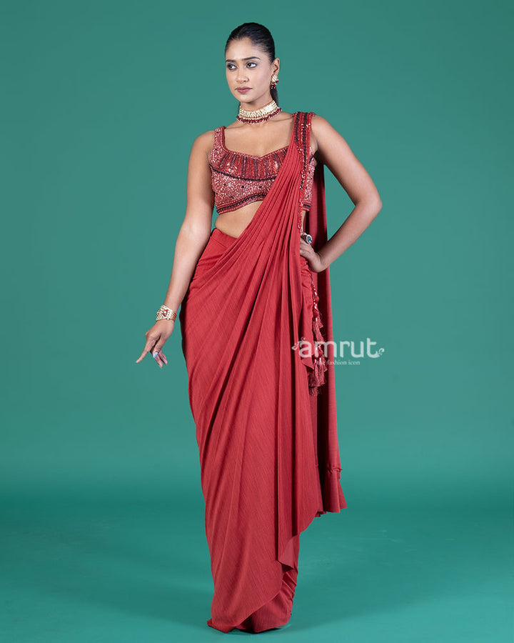 Red Draped Saree with Embellished Blouse 04