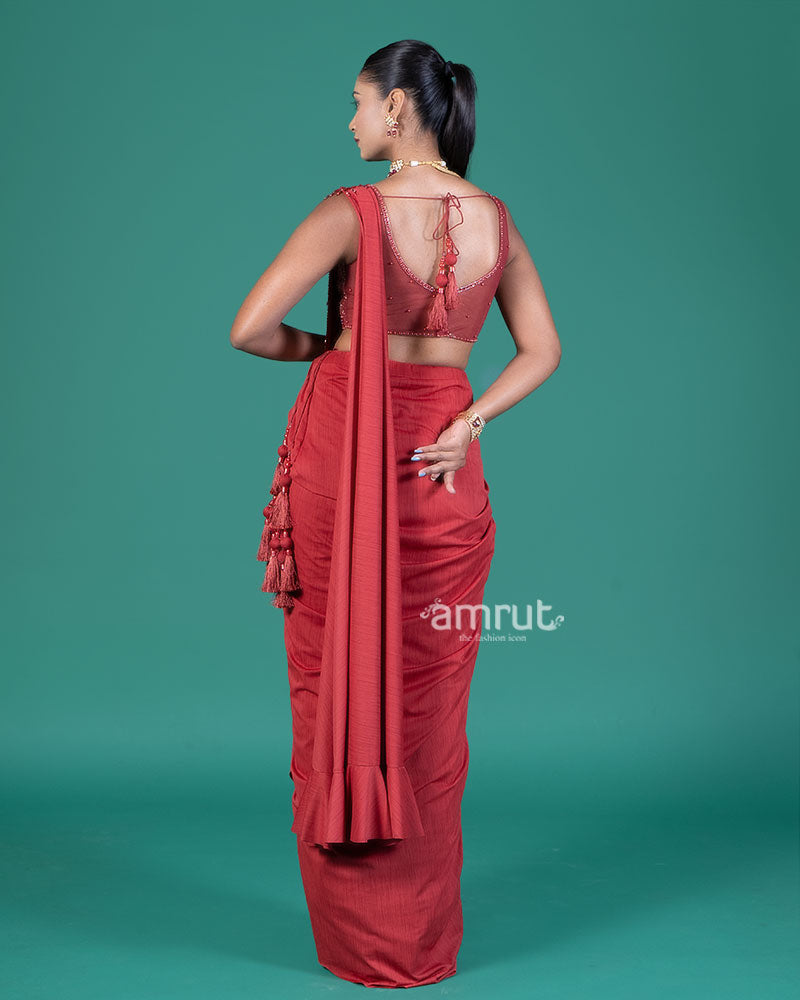 Red Draped Saree with Embellished Blouse 05