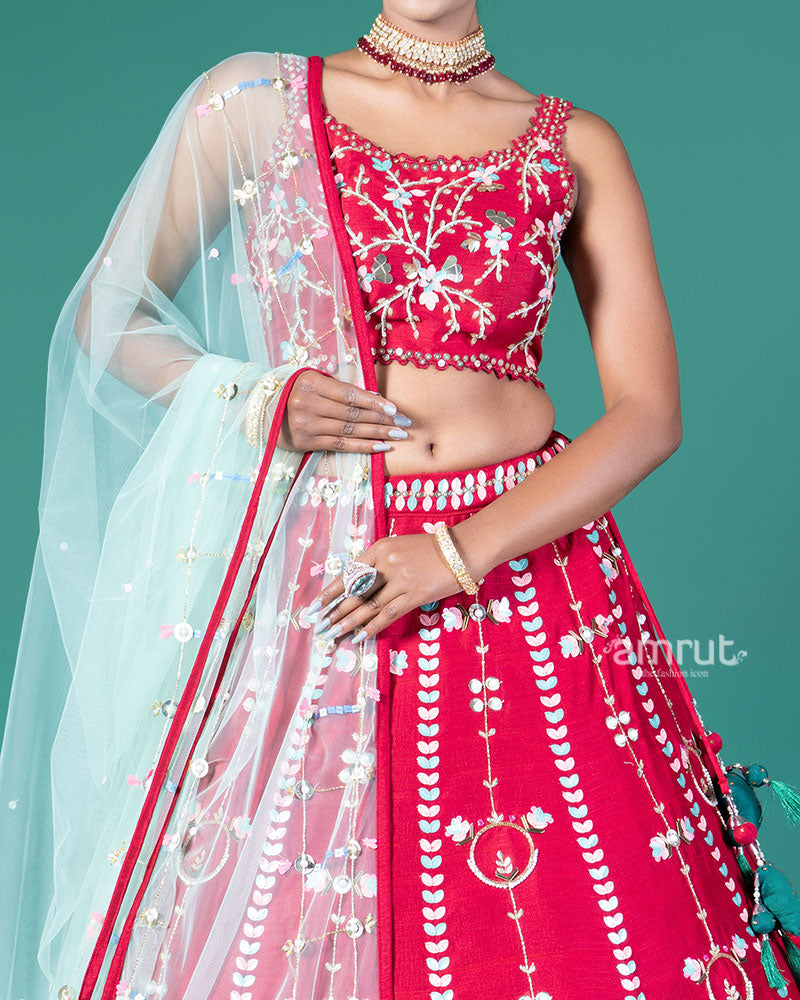 Red Embellished Lehenga Choli with Net Dupatta 03