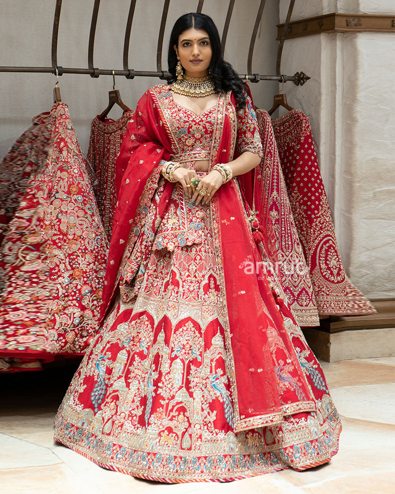 Red Multicolor Zardozi Embroidered Bridal Lehenga Set – AMRUT