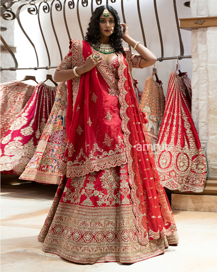 Red Zardozi Embroidered Bridal Lehenga Set 01