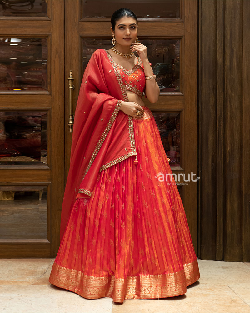 Red Zari Silk Lehenga Set with Embroidered Blouse and Dupatta 01