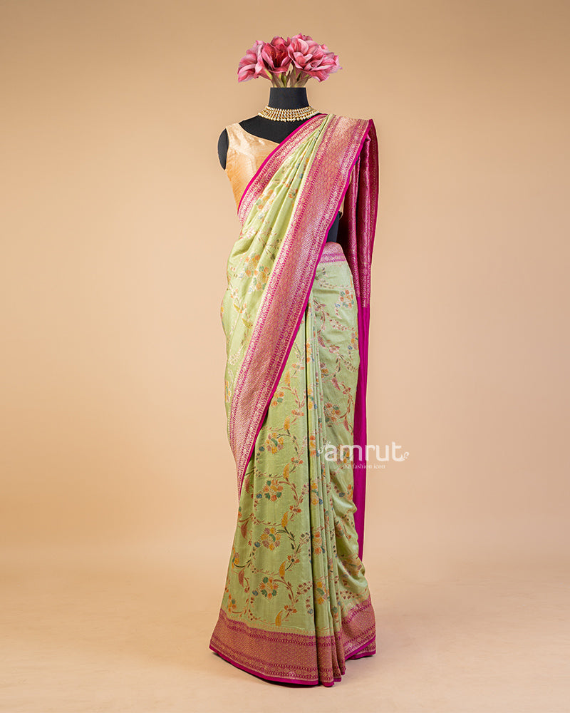 Sage Green Floral Printed Saree With Contrast Woven Pallu