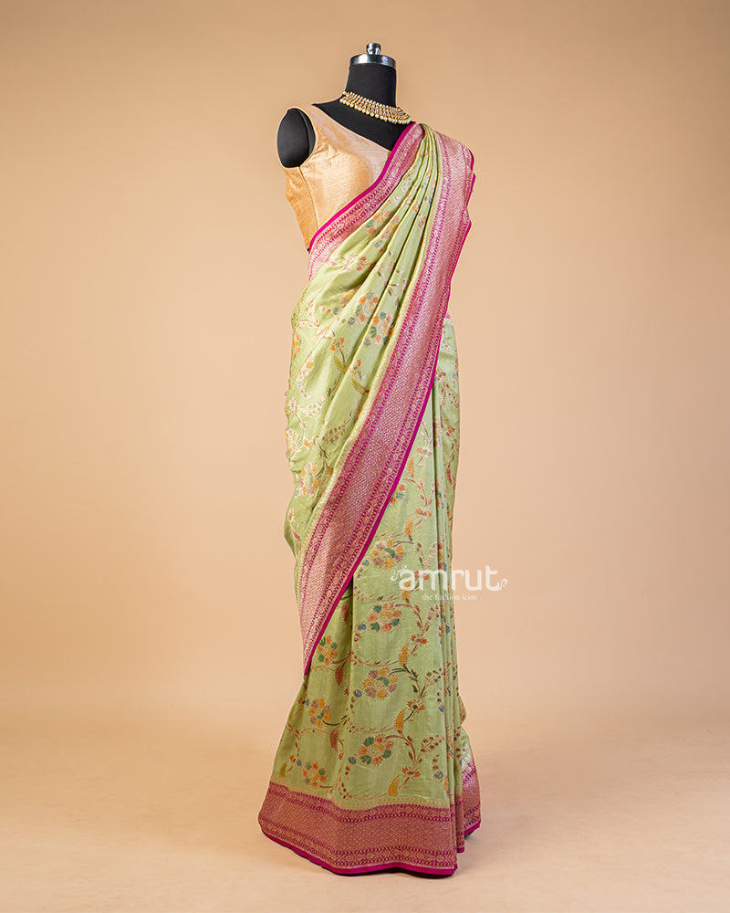 Sage Green Floral Printed Saree With Contrast Woven Pallu