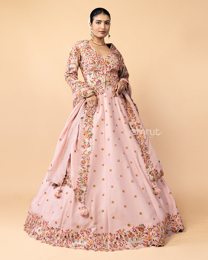 Salmon Pink Lehenga with Short Jacket Style Choli Embellished with Satin Stitch