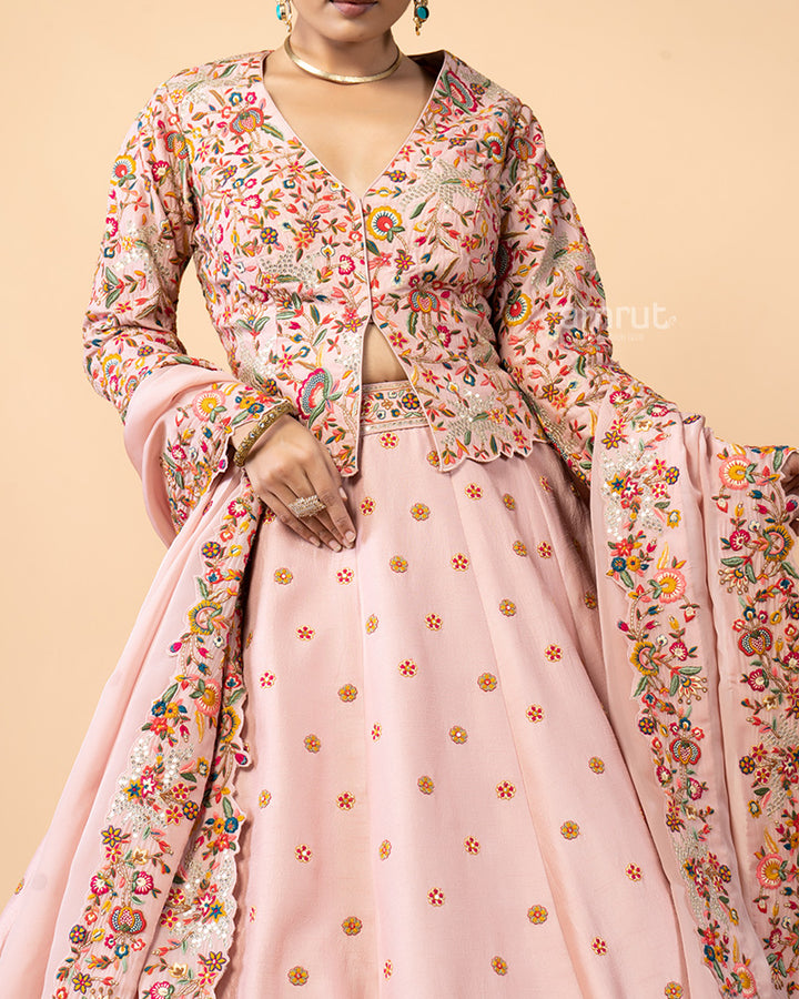 Salmon Pink Lehenga with Short Jacket Style Choli Embellished with Satin Stitch