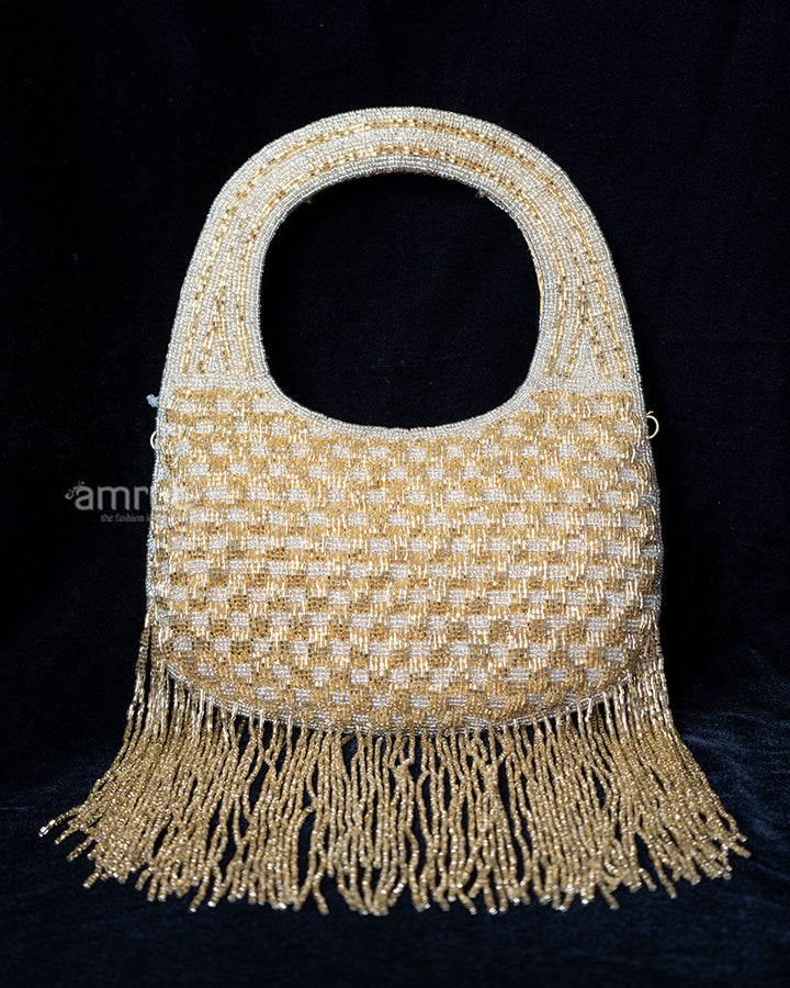 Shimmering Golden Beaded with Circular Handle and Fringe Detailing Handbag 01