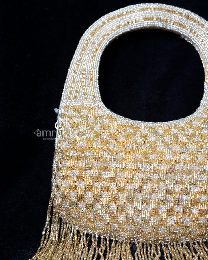 Shimmering Golden Beaded with Circular Handle and Fringe Detailing Handbag 02