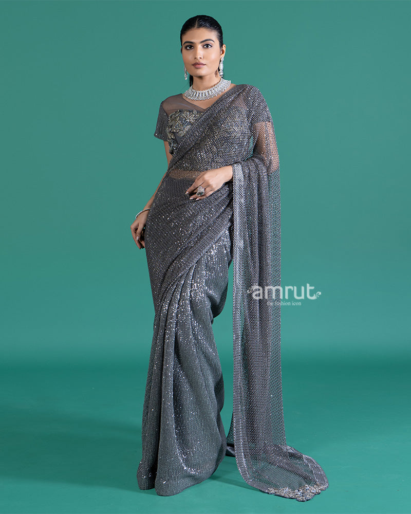 Shimmering Gray Net Saree with Sparkling Sequins and Embroidered Blouse 01