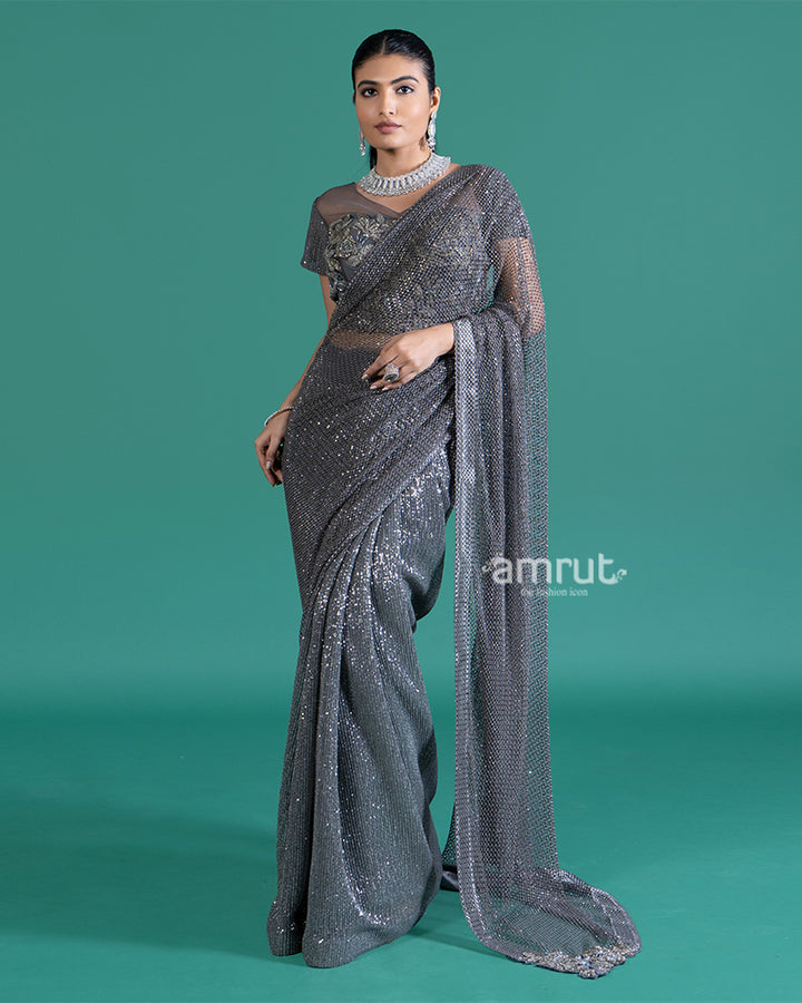 Shimmering Gray Net Saree with Sparkling Sequins and Embroidered Blouse 01