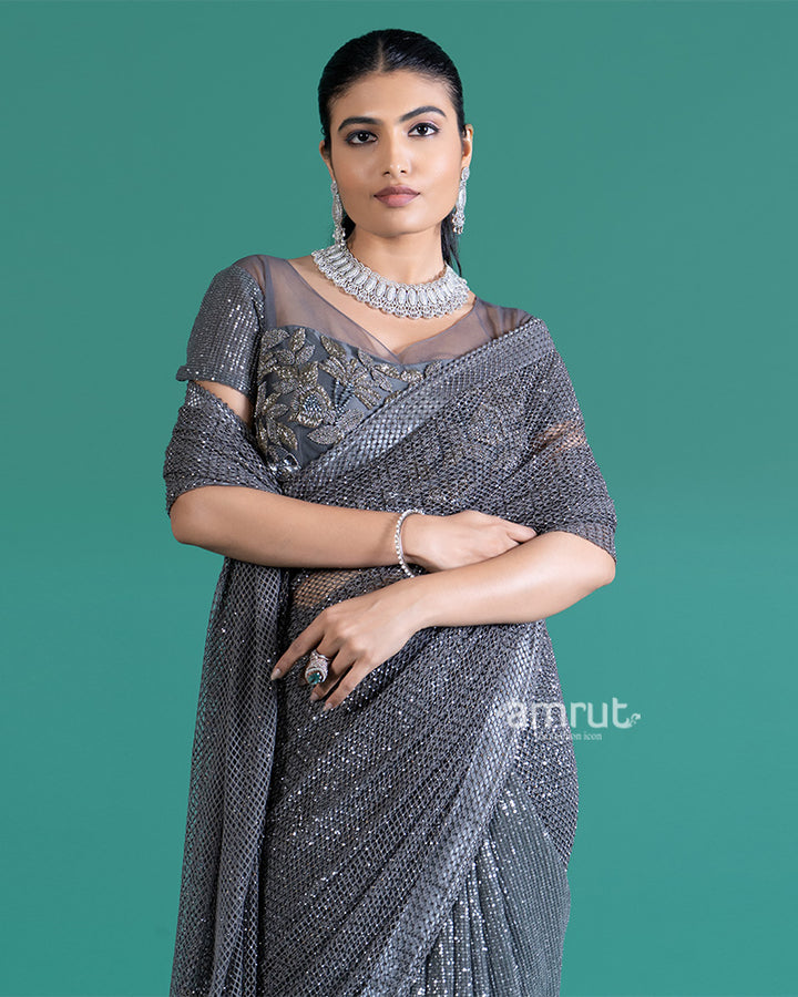 Shimmering Gray Net Saree with Sparkling Sequins and Embroidered Blouse 02