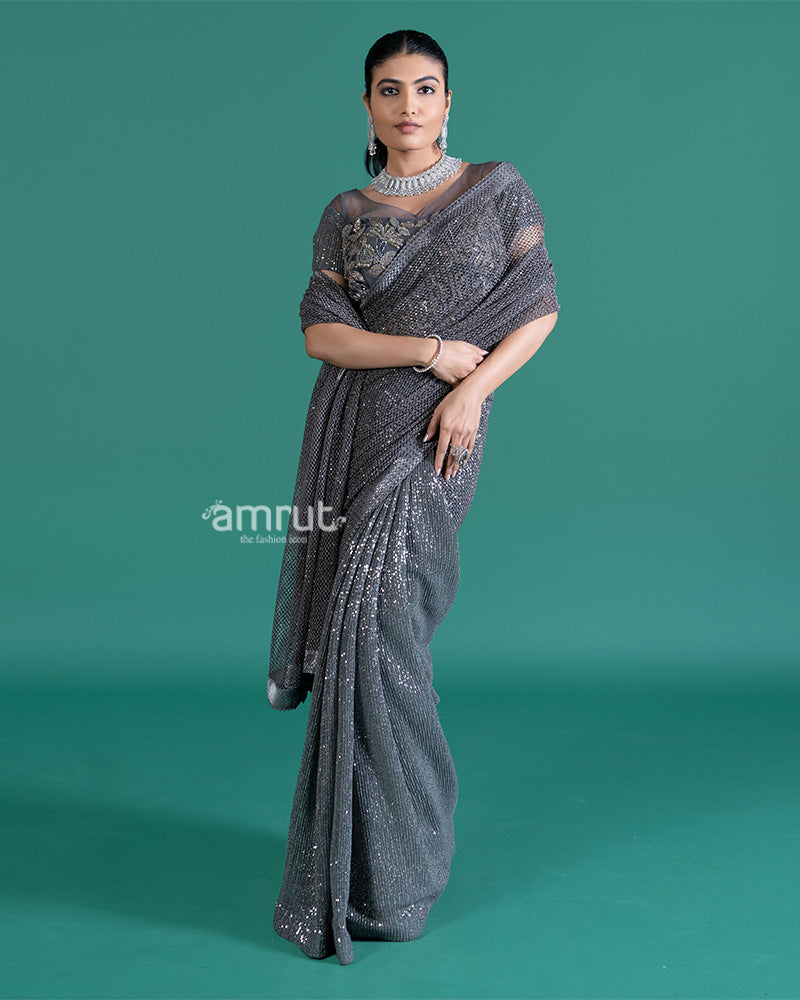 Shimmering Gray Net Saree with Sparkling Sequins and Embroidered Blouse 05