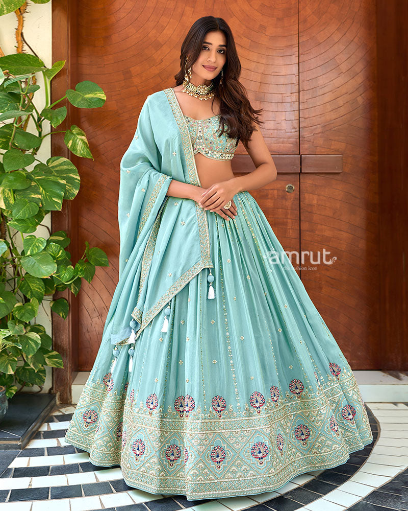 Sky Blue Embroidered Lehenga Choli with Dupatta – AMRUT