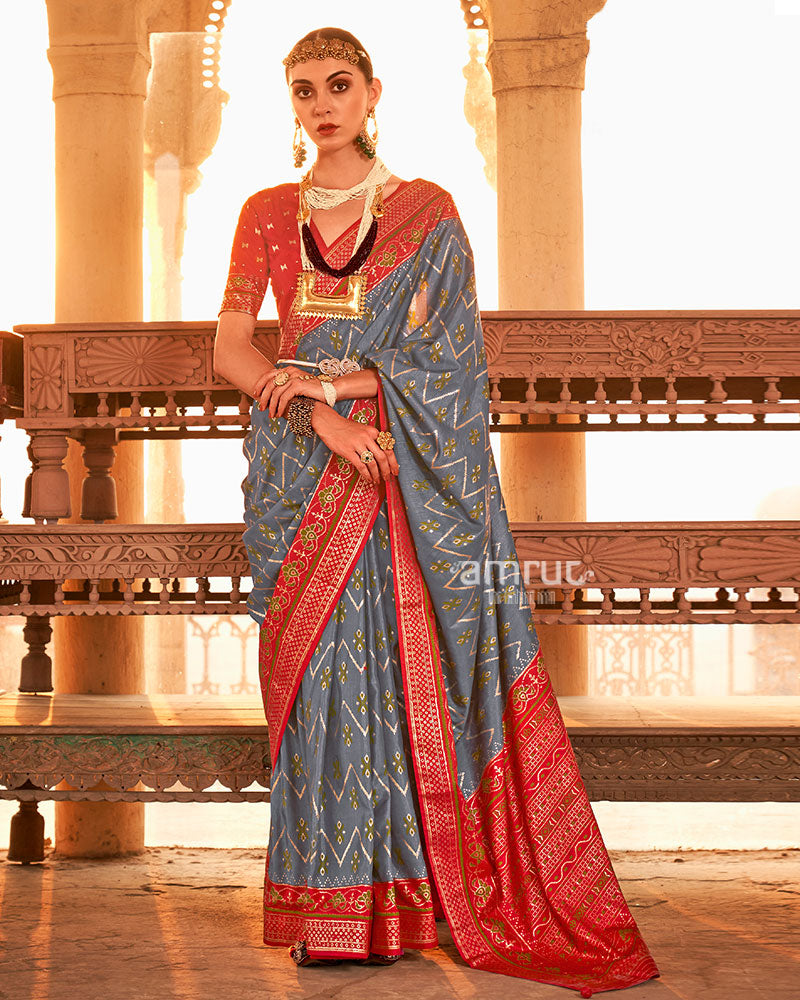 Steel Grey Ikat Printed and Red Contrast Border Patola Silk Saree