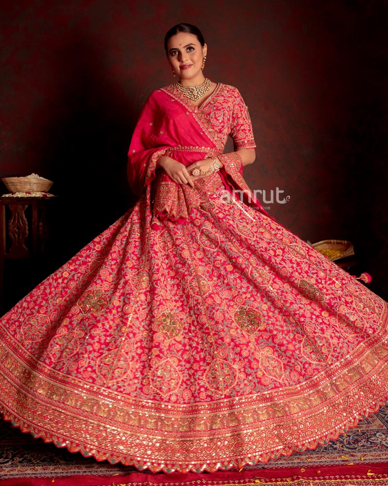 Strawberry Pink Floral Embroidered Bridal Lehenga Choli With Dupatta