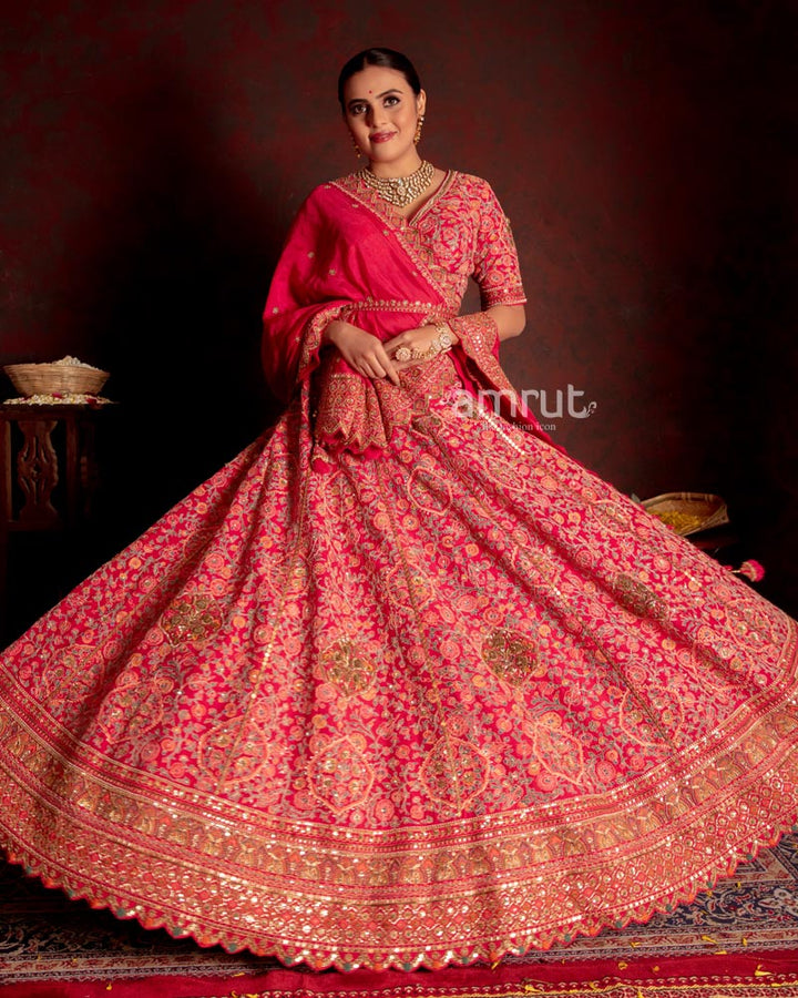 Strawberry Pink Floral Embroidered Bridal Lehenga Choli With Dupatta