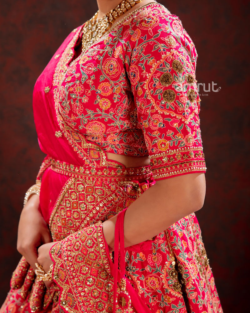 Strawberry Pink Floral Embroidered Bridal Lehenga Choli With Dupatta