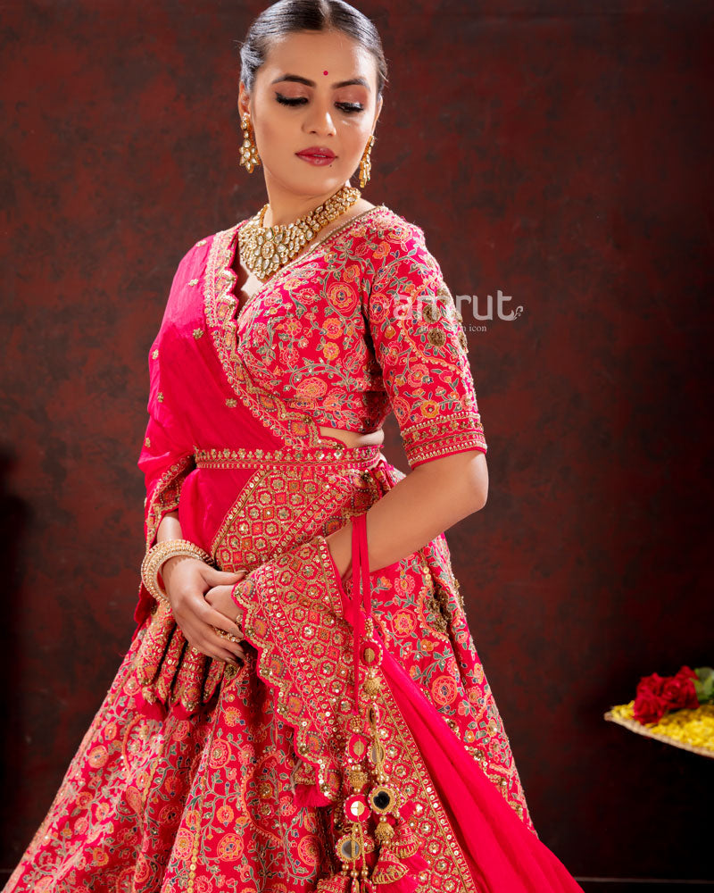 Strawberry Pink Floral Embroidered Bridal Lehenga Choli With Dupatta