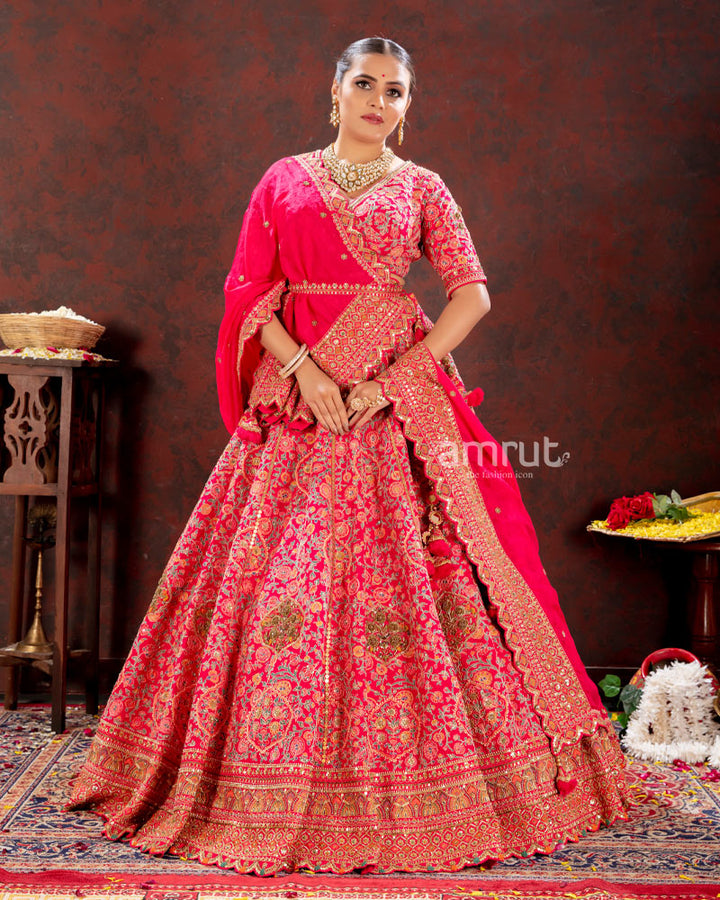 Strawberry Pink Floral Embroidered Bridal Lehenga Choli With Dupatta