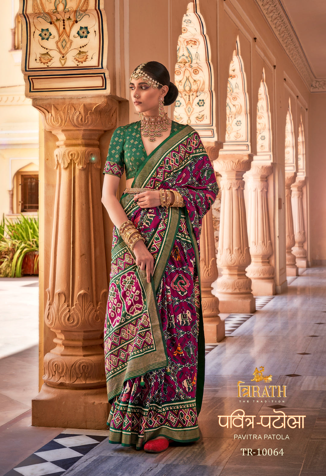Green & Purple Patola Silk Saree with Geometric Weaving, Paired with Blouse