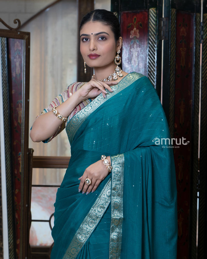 Teal Blue Zari Embroidered Border Saree with Stitched Blouse 02