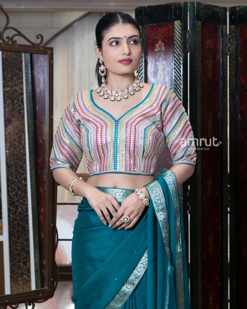 Teal Blue Zari Embroidered Border Saree with Stitched Blouse 03