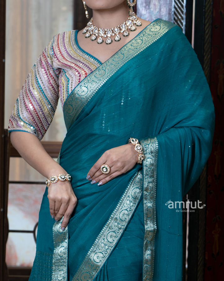Teal Blue Zari Embroidered Border Saree with Stitched Blouse 04