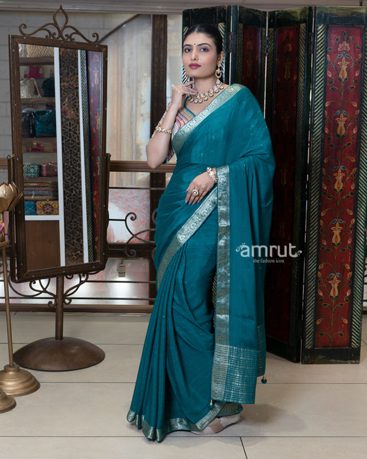 Teal Blue Zari Embroidered Border Saree with Stitched Blouse 06