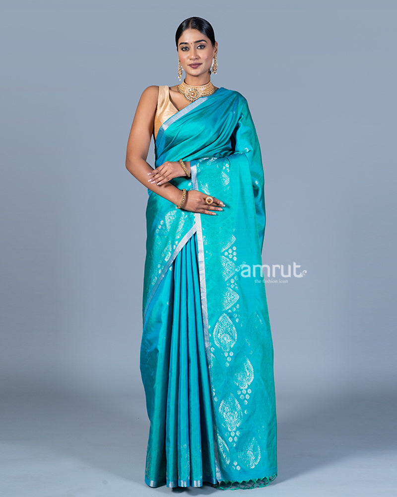 Teal Blue and Green with Intricate Golden Patterns Silk Saree with Unstitched Blouse 01