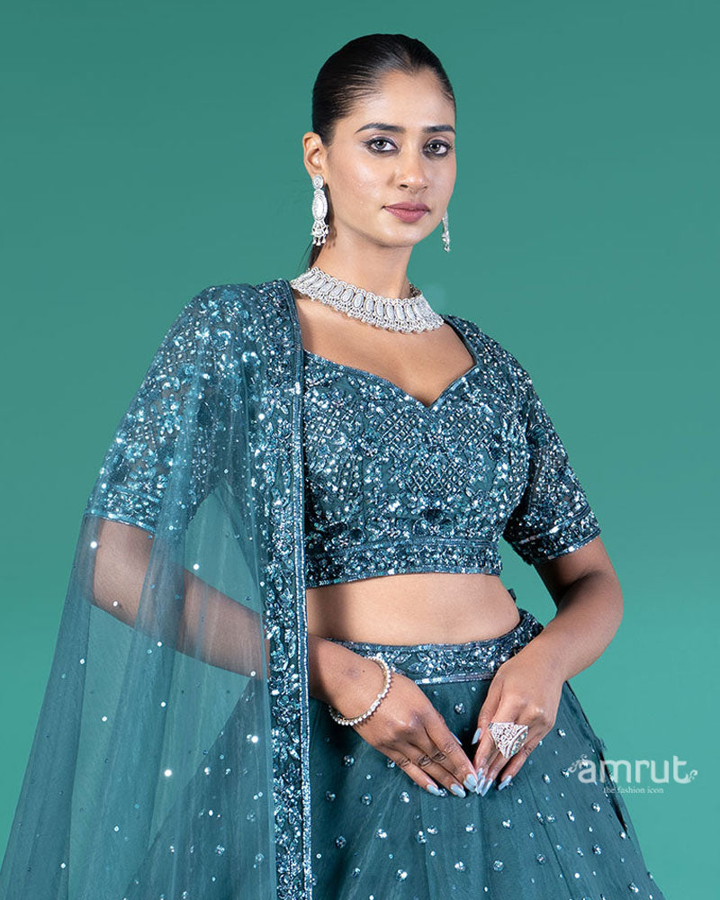 Teal Embellished Lehenga Choli with Dupatta 02
