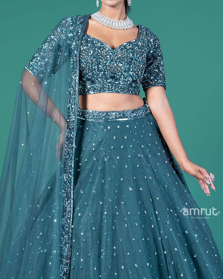Teal Embellished Lehenga Choli with Dupatta 03